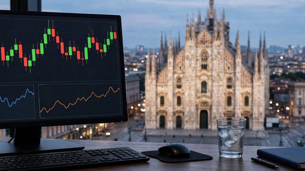 Schermo con grafici di borsa europea e skyline di Milano sullo sfondo