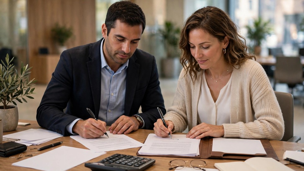 Coppia italiana che firma contratto di mutuo in banca con calcolatrice e documenti