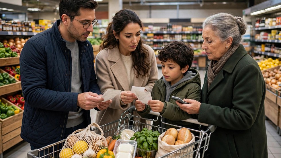 Famiglia italiana che fa la spesa al supermercato confrontando prezzi e scontrini