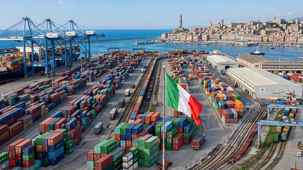 Container con bandiera italiana nel porto di Genova pronti per l'export mondiale