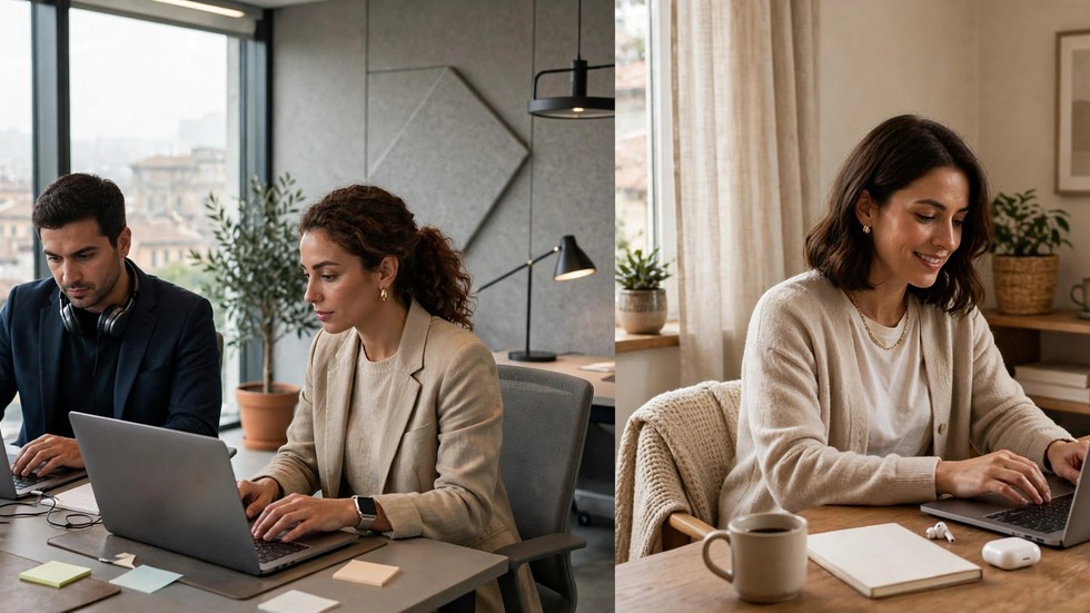 Professionisti italiani in smart working tra ufficio moderno e postazione domestica