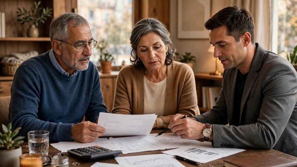 Coppia italiana matura che pianifica pensioni e risparmio con consulente finanziario