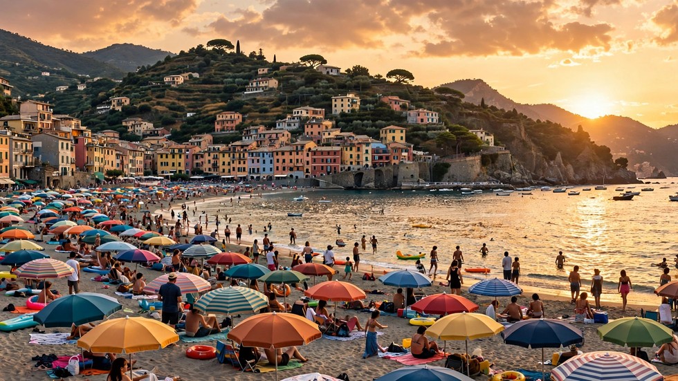 Spiaggia italiana affollata al tramonto con ombrelloni colorati e borgo sul mare