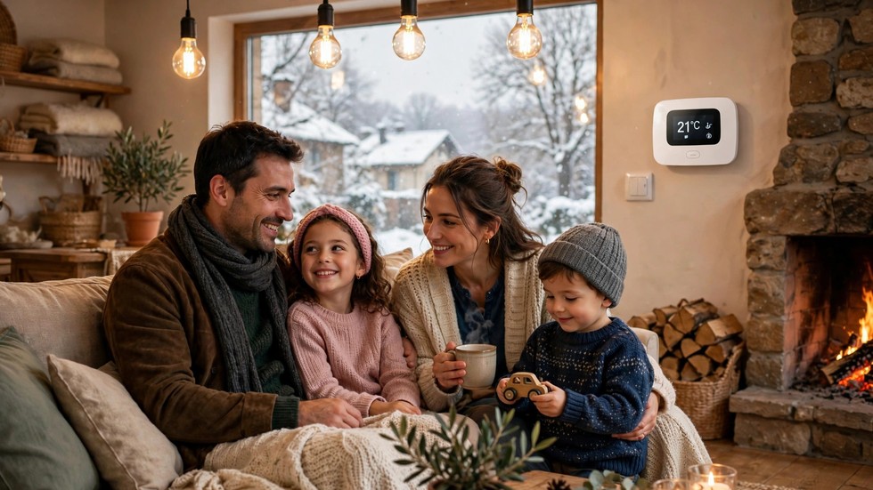 Famiglia italiana in casa accogliente d'inverno con termostato e lampadine LED