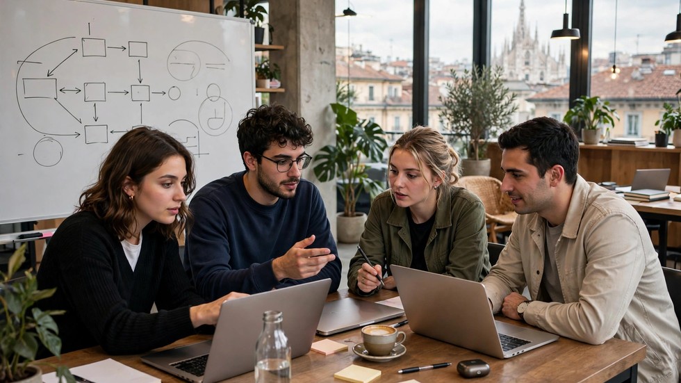 Giovani fondatori di startup italiana al lavoro in un moderno coworking di Milano