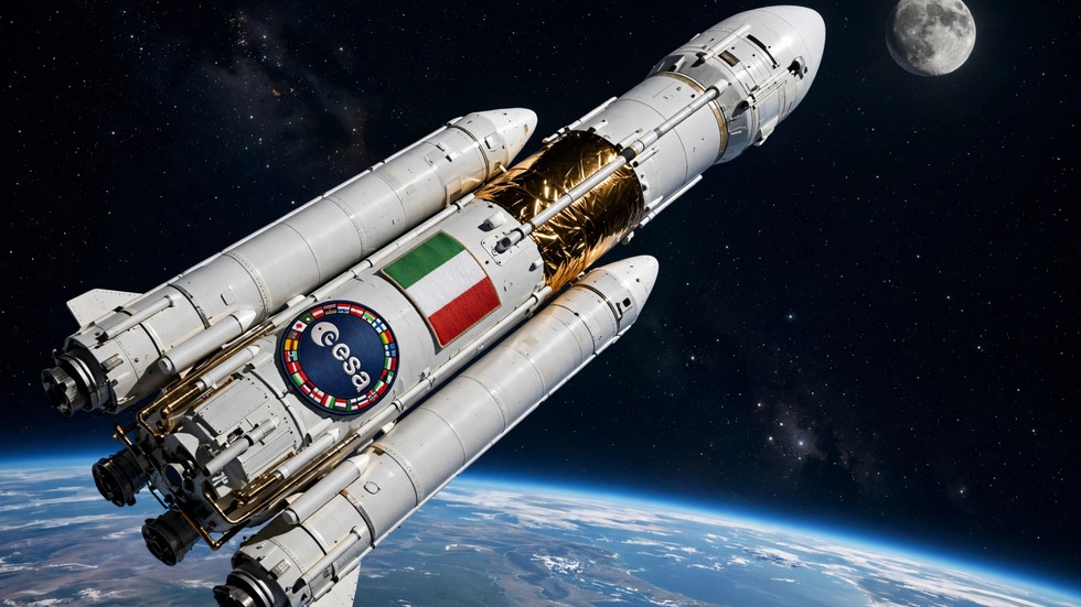 Razzo diretto verso la Luna con bandiera italiana ed emblema ESA