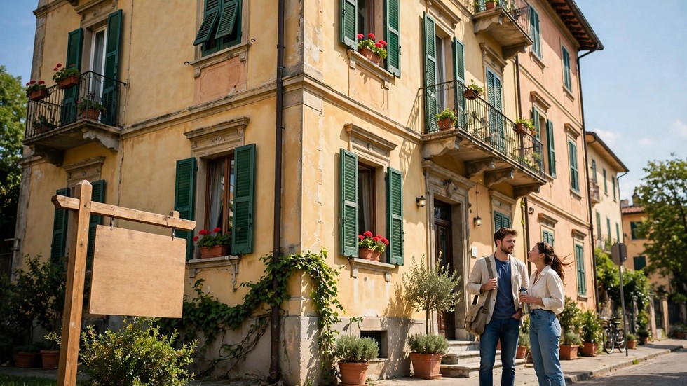 Cartello "vendesi" davanti a palazzina residenziale italiana con giovane coppia in visita