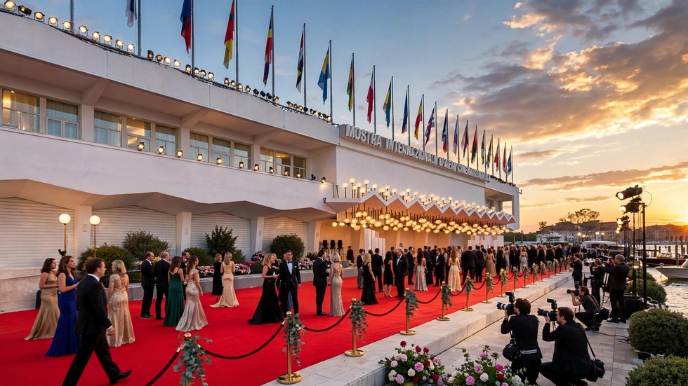 Red carpet della Mostra del Cinema di Venezia con Palazzo del Cinema al tramonto