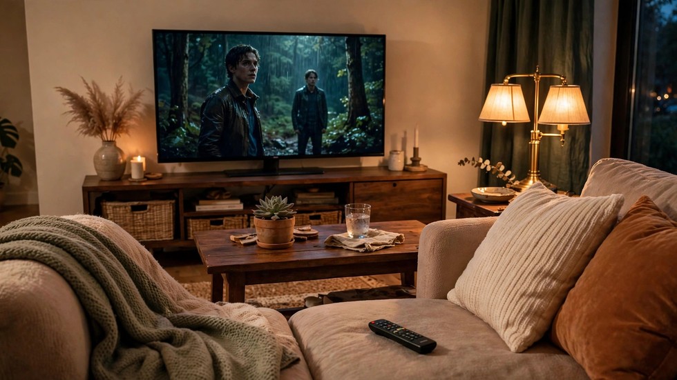 Divano con telecomando e TV accesa su una serie in streaming in un soggiorno serale