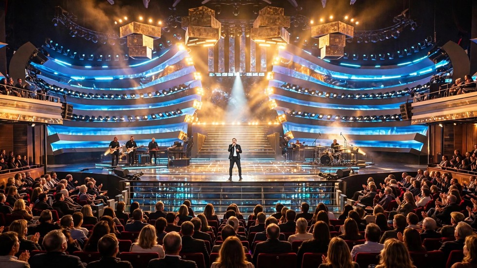 Palco del Teatro Ariston a Sanremo con luci e pubblico durante il Festival