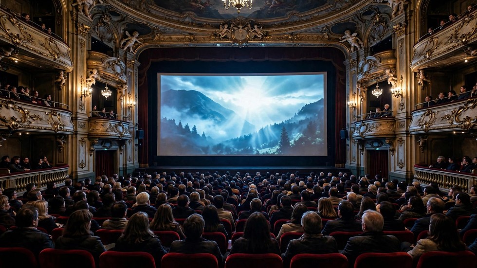 Sala cinematografica italiana piena di spettatori durante la proiezione di un film