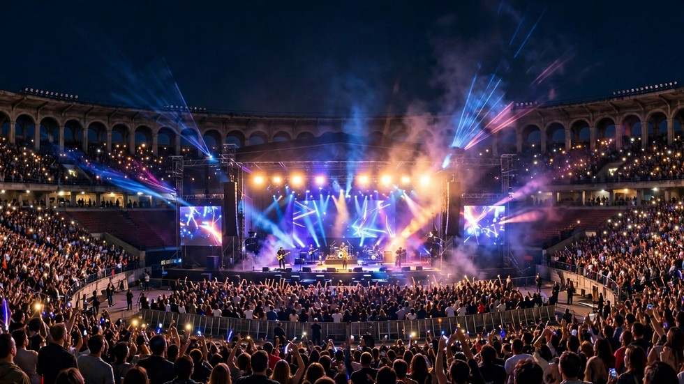 Concerto dal vivo in uno stadio italiano con palco illuminato e folla entusiasta