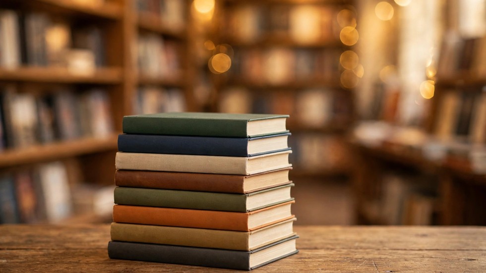 Pila di libri bestseller su un tavolo in libreria con luci calde