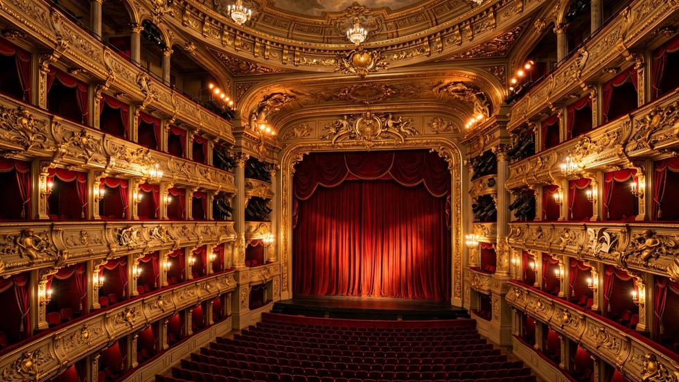 Interno di un teatro lirico italiano con palchi dorati e sipario rosso
