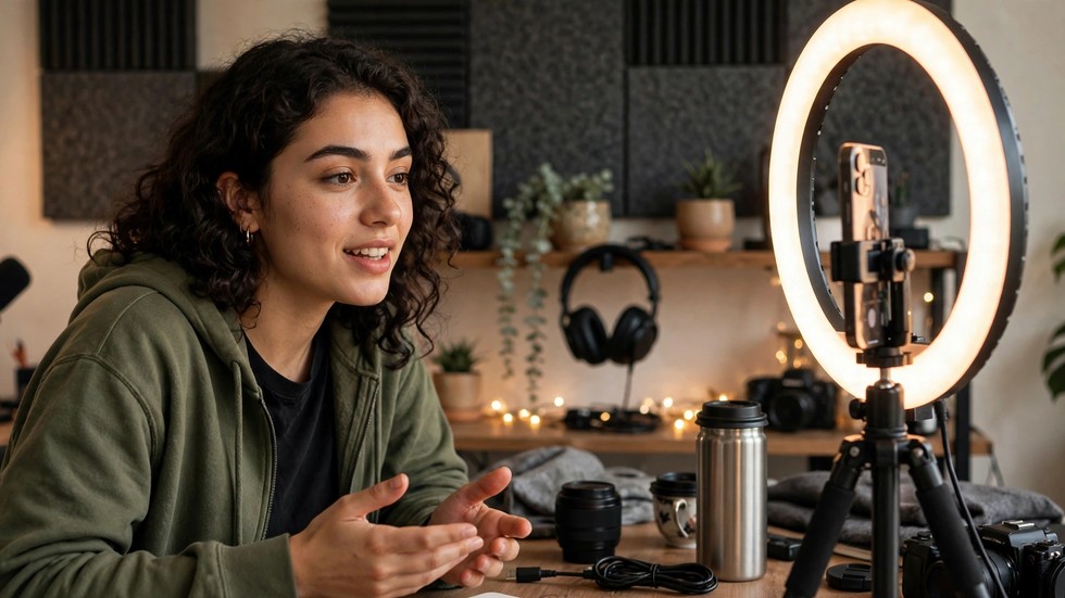 Giovane creator italiano che registra un video con smartphone e ring light