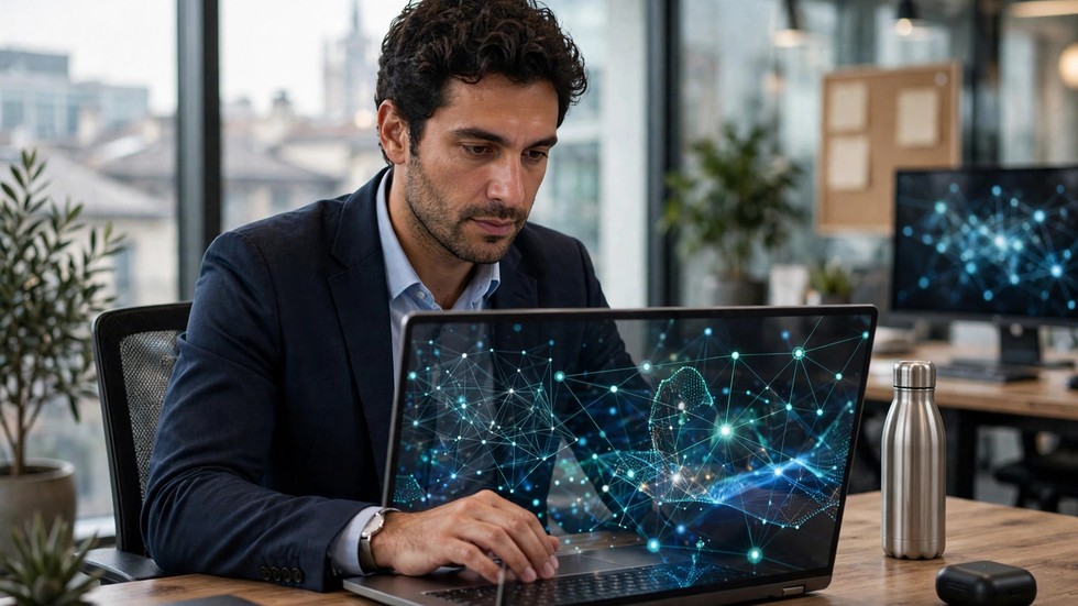 Professionista italiano che utilizza un sistema di intelligenza artificiale in ufficio