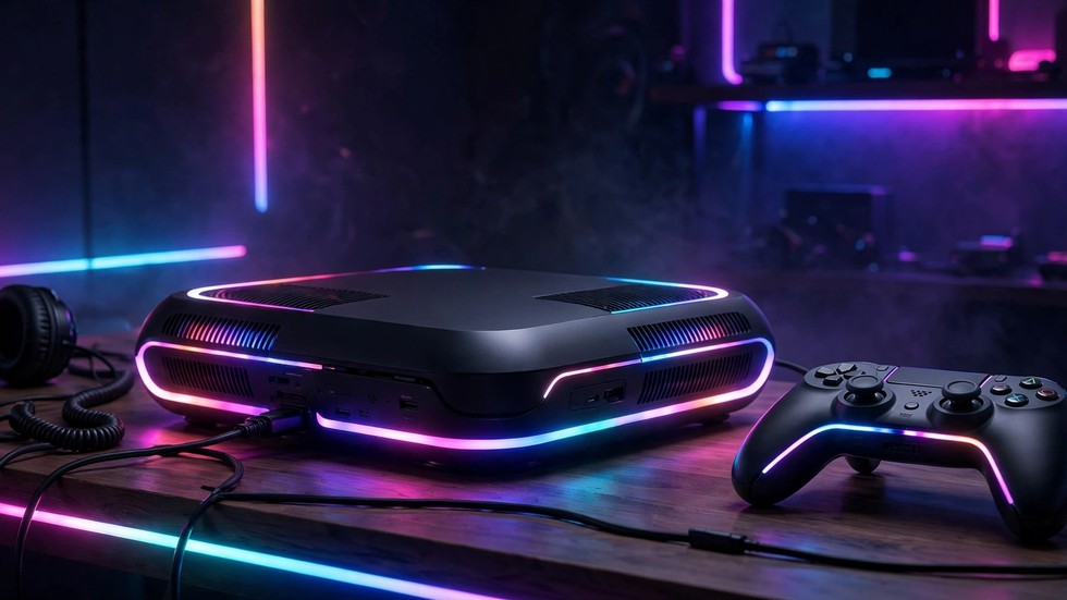 Controller e console da gioco con luci colorate in una postazione gaming
