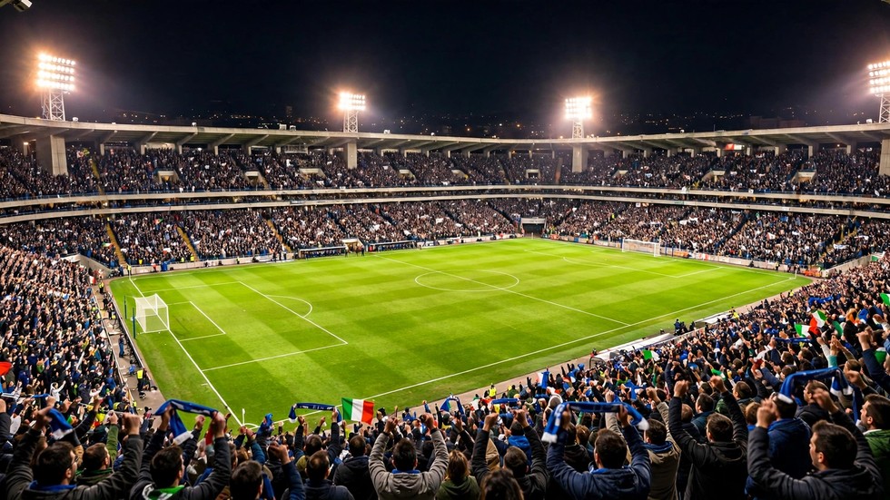 Stadio italiano pieno durante una partita di Serie A serale