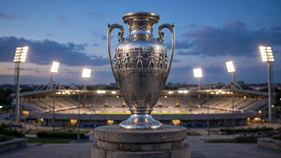 Trofeo della Champions League con stadio europeo sullo sfondo
