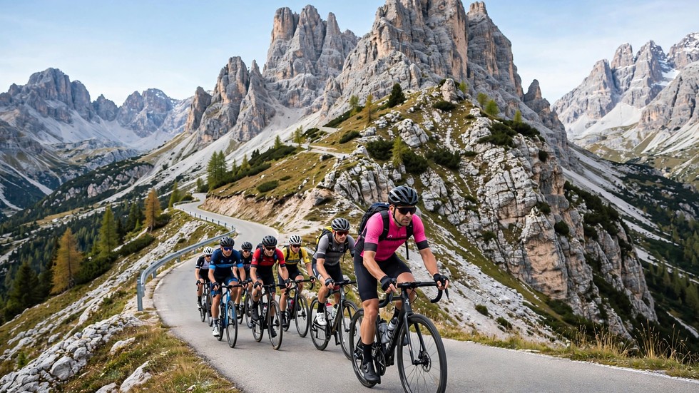 Gruppo di ciclisti in salita su un passo dolomitico con la maglia rosa in testa