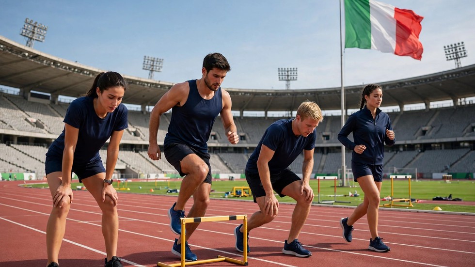 Atleti italiani in allenamento allo stadio olimpico con la bandiera tricolore