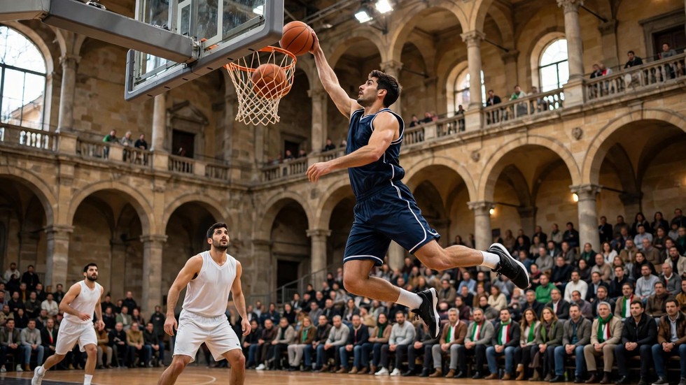 Partita di basket in un palazzetto italiano con schiacciata spettacolare a canestro