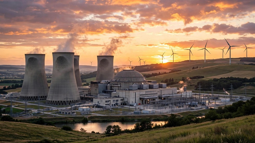 Centrale nucleare europea al tramonto con turbine eoliche vicine