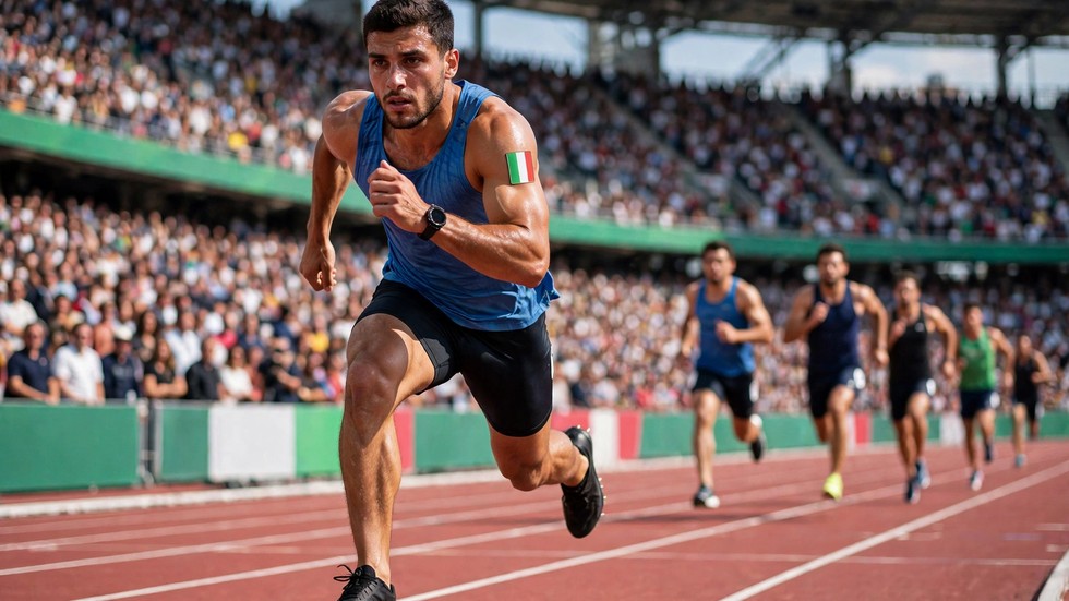 Atleta italiano in volata sui 100 metri in uno stadio pieno durante un meeting