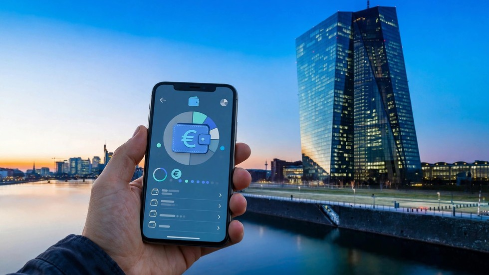 Smartphone con portafoglio digitale in euro e sede BCE sullo sfondo
