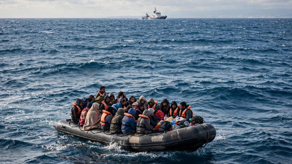 Imbarcazione di migranti nel Mediterraneo con nave di soccorso all'orizzonte