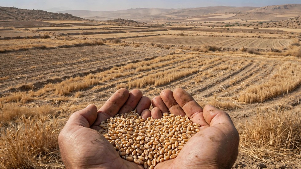 Campi agricoli aridi e mani che tengono chicchi di grano, simbolo della sicurezza alimentare