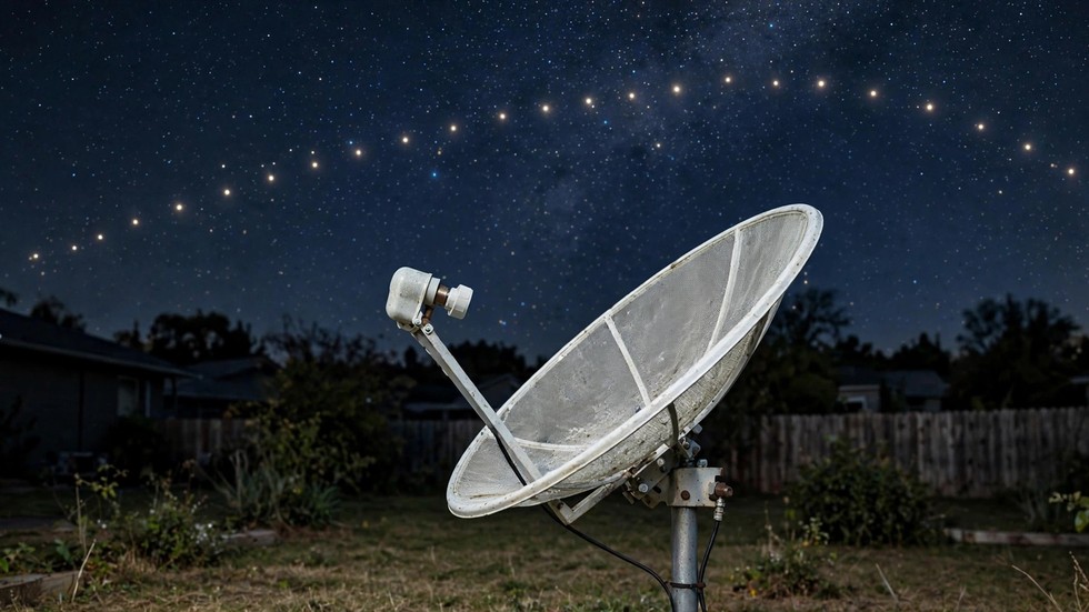 Antenna parabolica domestica puntata verso costellazione di satelliti nel cielo notturno