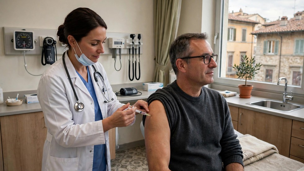 Medico che somministra vaccino antinfluenzale a paziente in ambulatorio italiano