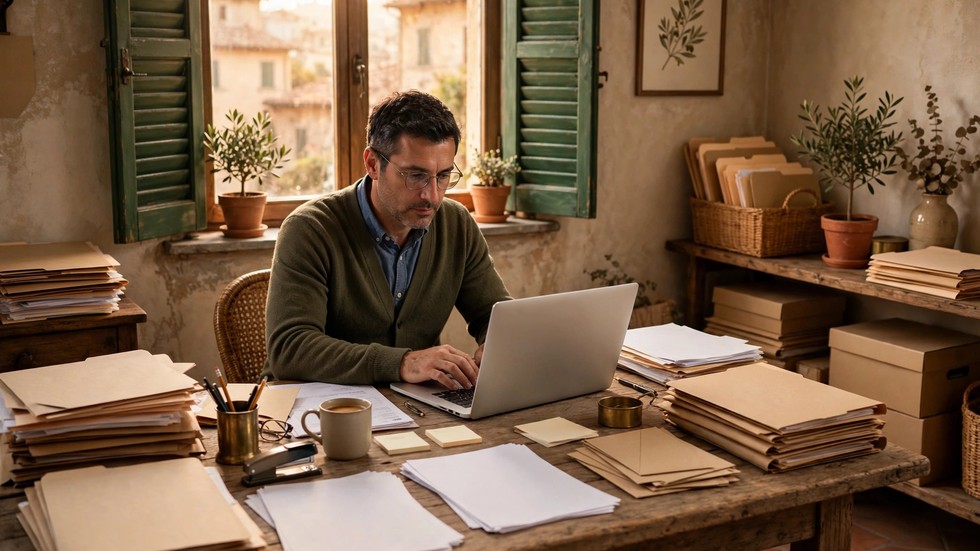 Fatturazione elettronica PMI: imprenditore italiano al computer con documenti digitali