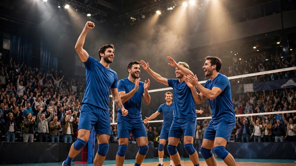 Pallavolo italiana: atlete e atleti azzurri celebrano una vittoria in un palazzetto gremito