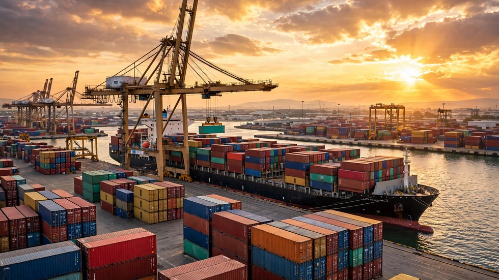 Dazi guerra commerciale: navi container e gru al lavoro nel porto all'alba