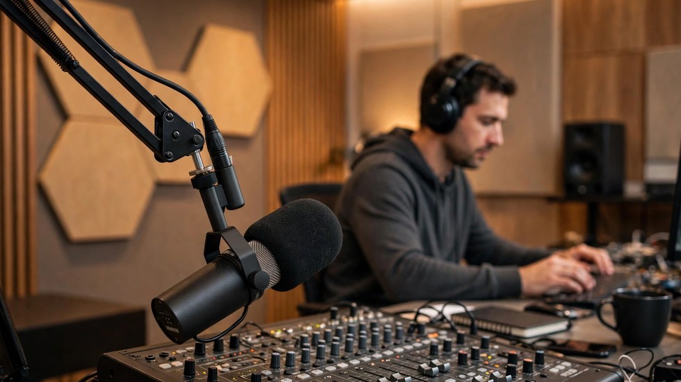 Podcast italiani: microfono professionale in studio durante la registrazione di un episodio audio