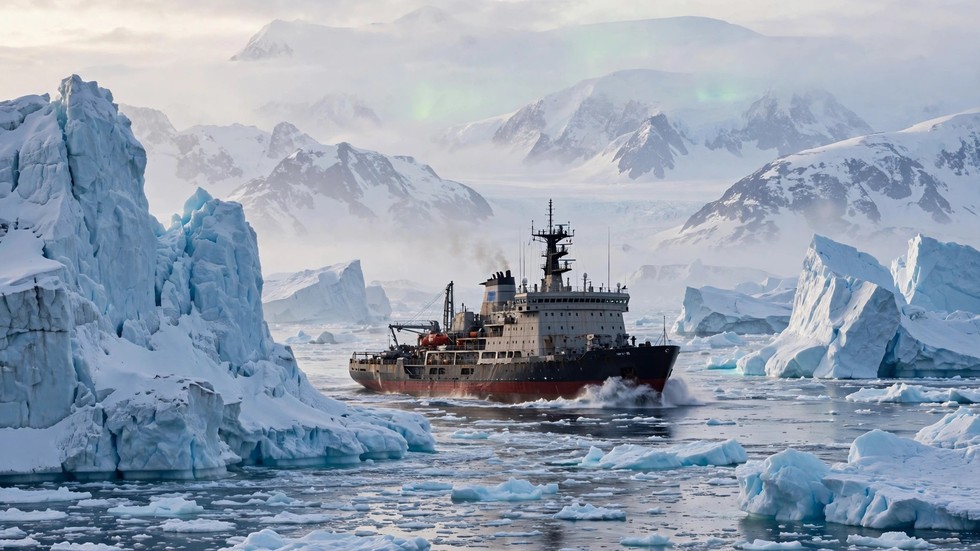 Artico geopolitica: paesaggio di ghiacci artici con nave rompighiaccio in navigazione