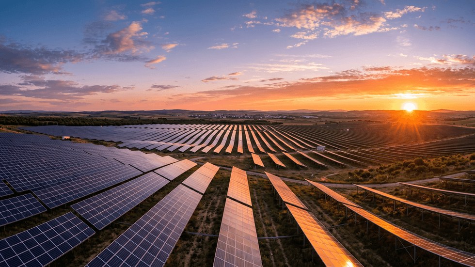 Pannelli solari in un campo al tramonto, simbolo della transizione energetica europea per il clima nel 2026.