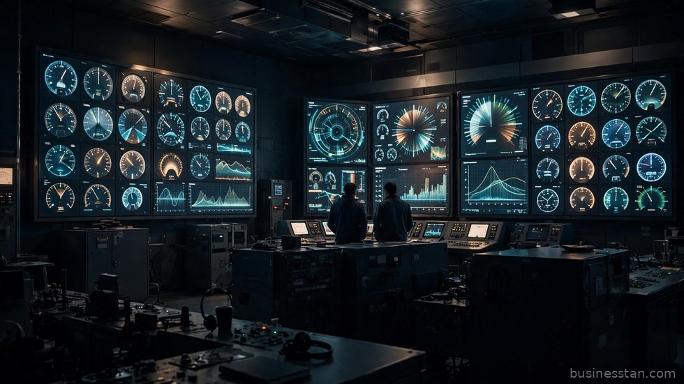 Sala di controllo di una centrale nucleare con tecnici al lavoro davanti ai pannelli di monitoraggio.