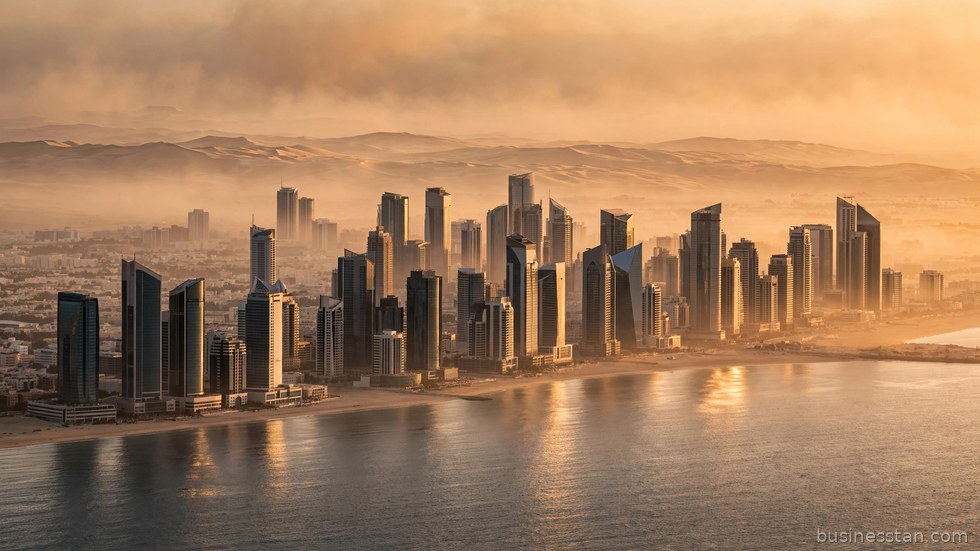 Lo skyline di una metropoli mediorientale al tramonto, tra grattacieli e deserto.