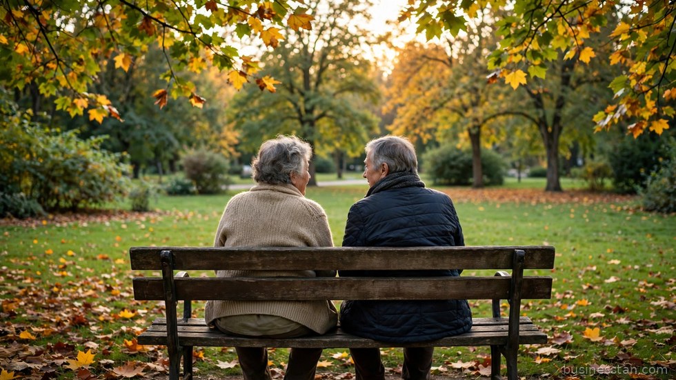 Anziani che chiacchierano su una panchina al parco, immagine della sfida demografica europea nel 2026.