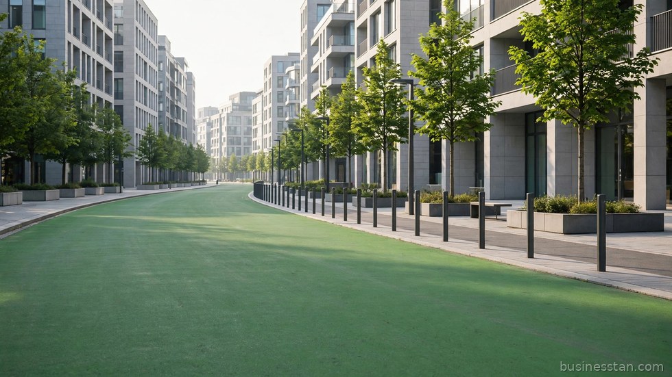Pista ciclabile in una città europea con edifici moderni e spazi verdi.