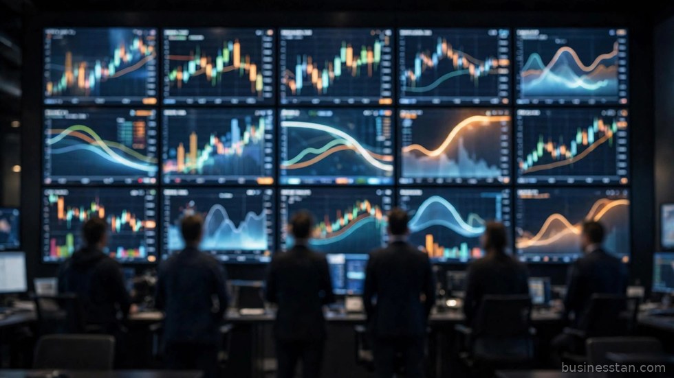 Grafici finanziari e schermi con dati di borsa in una sala trading.