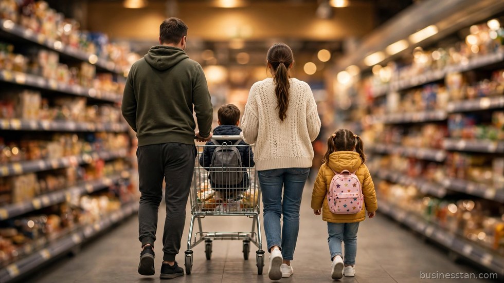 Famiglia che fa la spesa con il carrello in un supermercato.