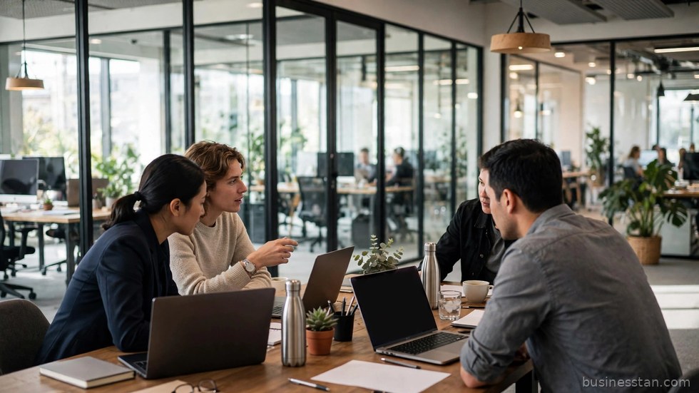 Colloquio di lavoro con stretta di mano in un ufficio moderno.