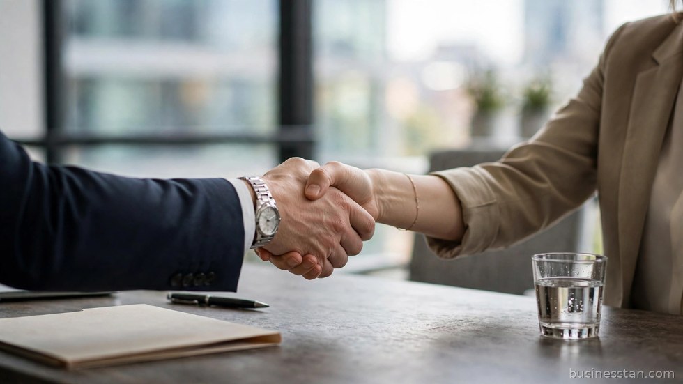 Colloquio di lavoro con stretta di mano in un ufficio moderno.