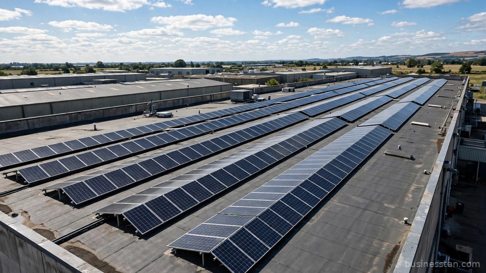 Pannelli solari installati sul tetto di un capannone industriale.