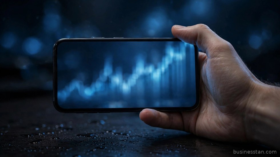 Smartphone che mostra un grafico di trading di criptovalute su uno sfondo scuro.