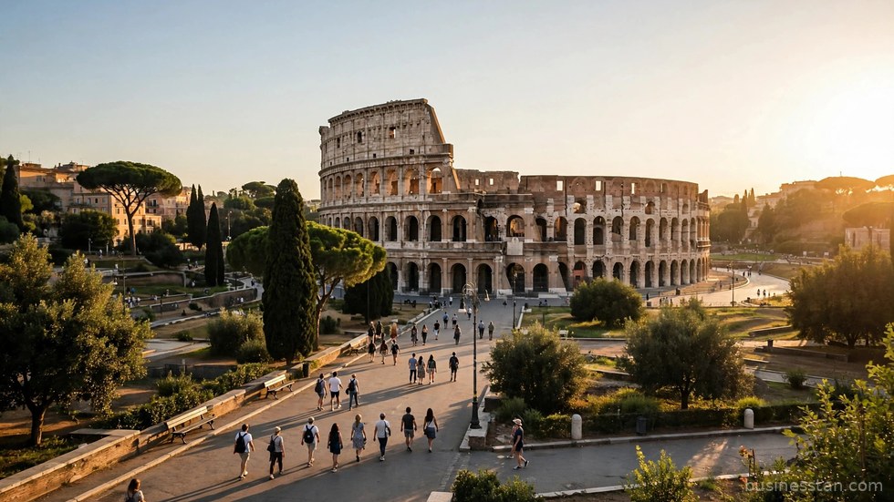 Turisti che passeggiano in un borgo costiero italiano in una giornata di sole.
